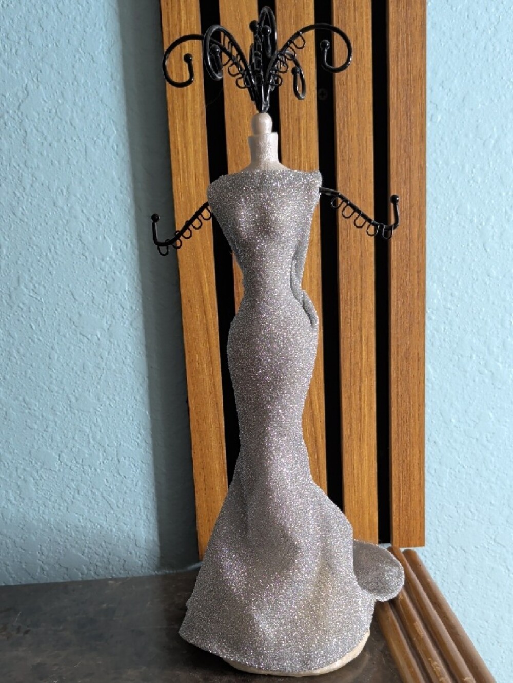 Glittered Dress Form Jewelry Stand in Iridescent Silver